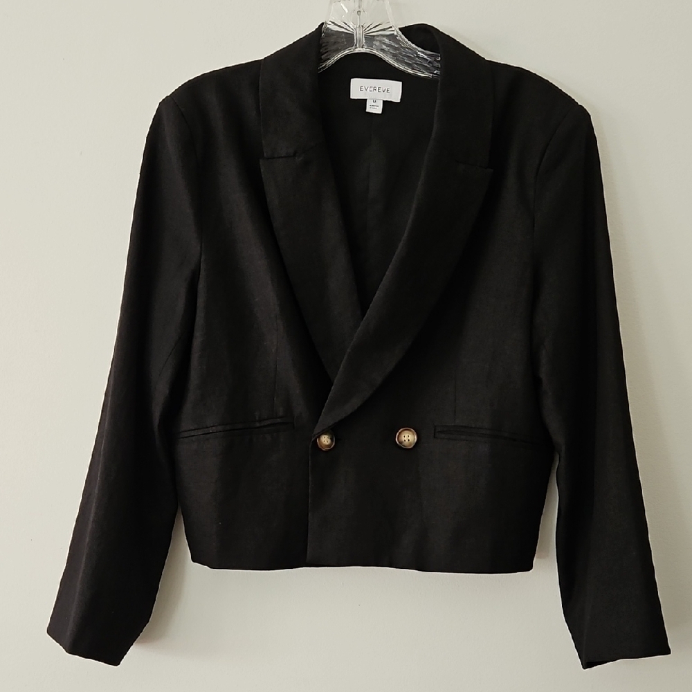 Evereve Black Linen Double-breasted Cropped Blazer Jacket Academia Size Medium‎